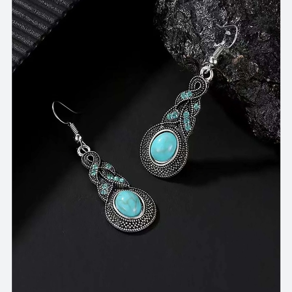 Blue Rhinestone Inlaid Turquoise Drop Earrings Original Design - Picture 2 of 3